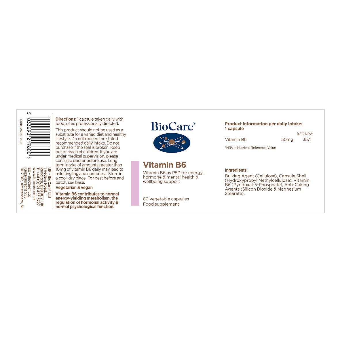 BioCare Vitamin B6 60 Veg Capsules