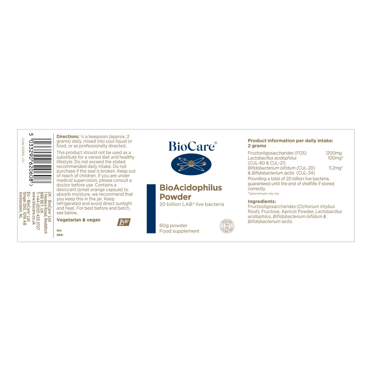 BioCare BioAcidophilus Powder 60g image 1