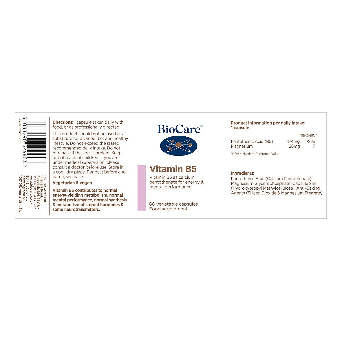 BioCare Vitamin B5 60 Capsules