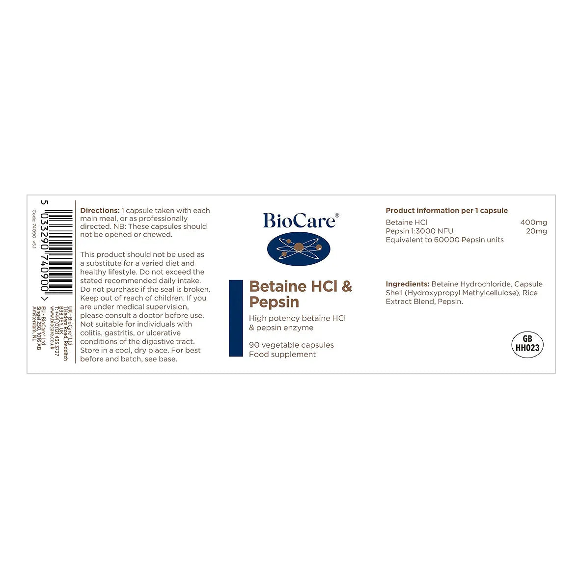 BioCare Betaine HCL & Pepsin 90 Capsules