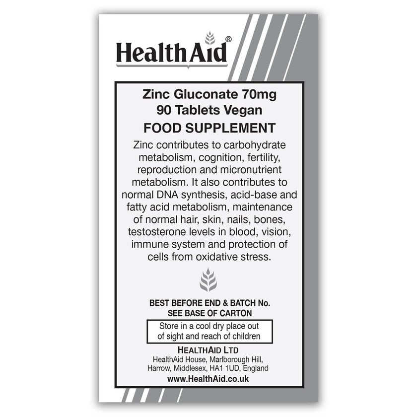 HealthAid Zinc Gluconate 70mg (10mg elemental Zinc) Tablets