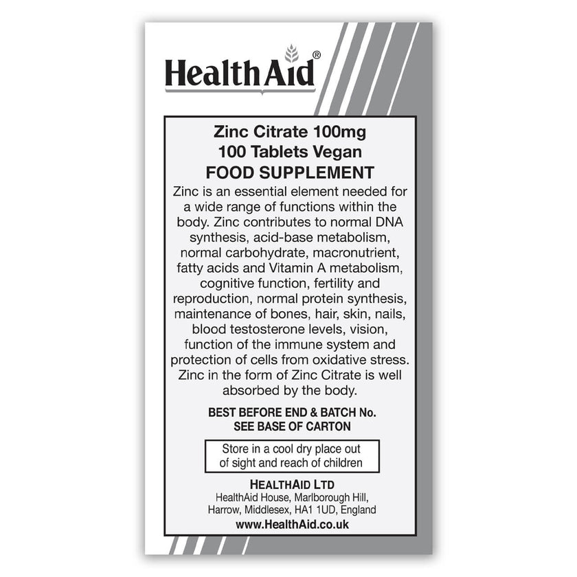 HealthAid Zinc Citrate 100mg 100's Tablets