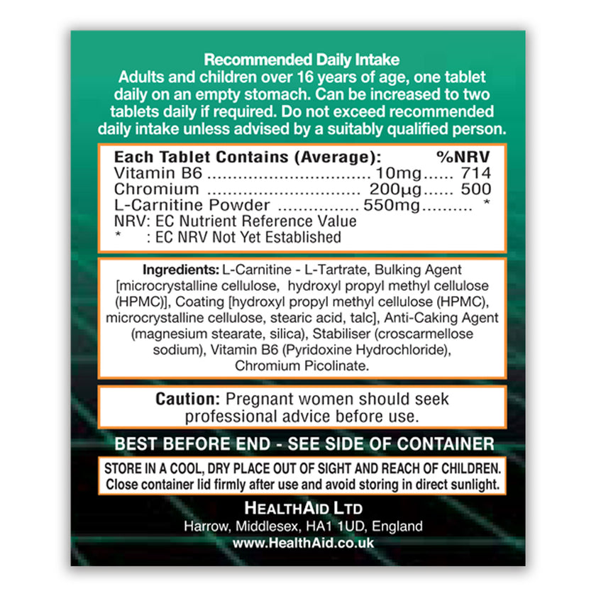 HealthAid L-Carnitine 550mg + Vitamin B6+ Chromium Tablets