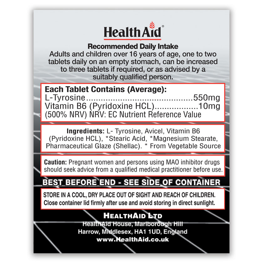HealthAid L-Tyrosine 550mg + Vitamin B6 Tablets