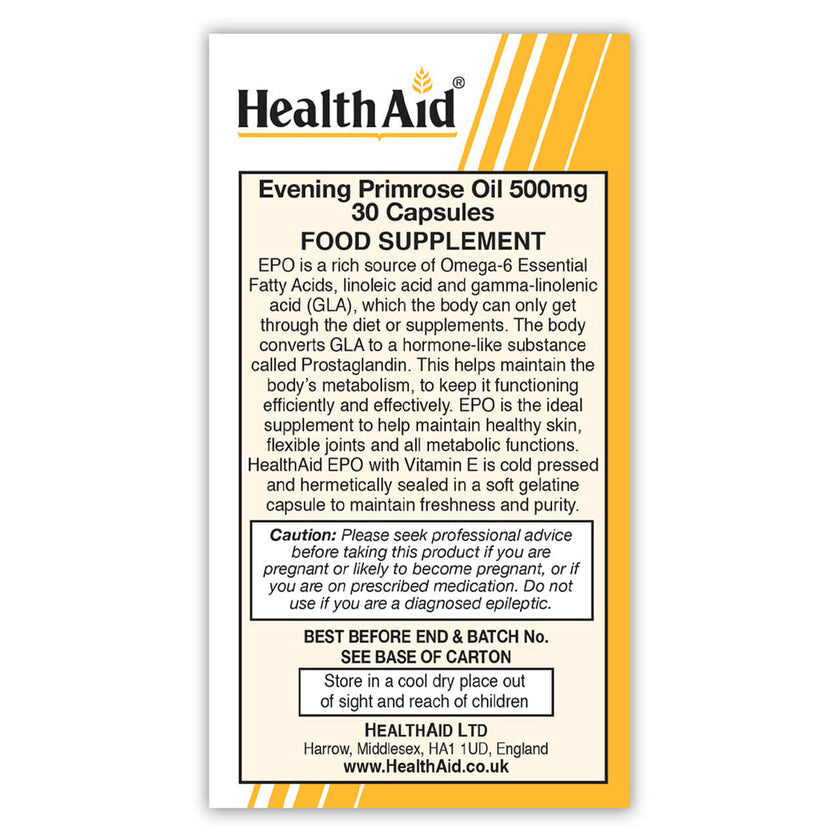 HealthAid Evening Primrose Oil 500mg + Vitamin E Capsules