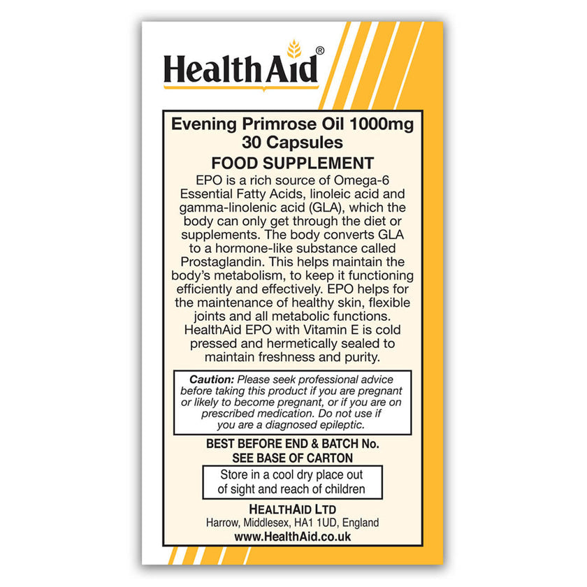 HealthAid Evening Primrose Oil 1000mg + Vitamin E Capsules