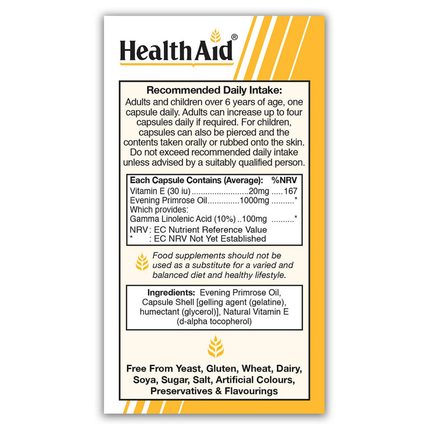 HealthAid Evening Primrose Oil 1000mg + Vitamin E Capsules