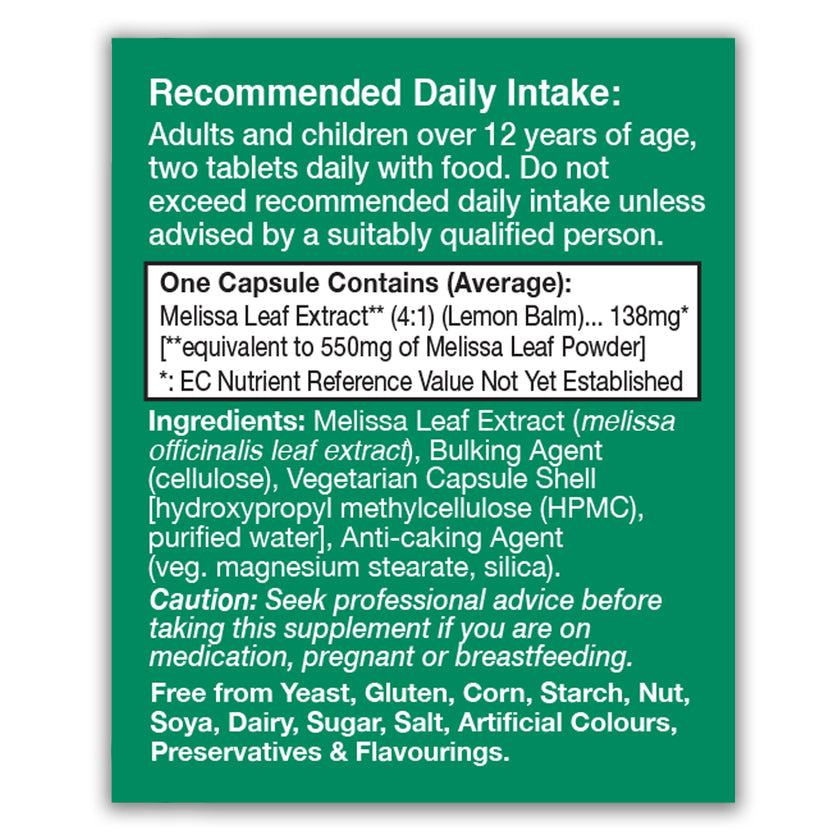 HealthAid Melissa Leaf (Lemon Balm) 550mg Equivalent Vegicaps