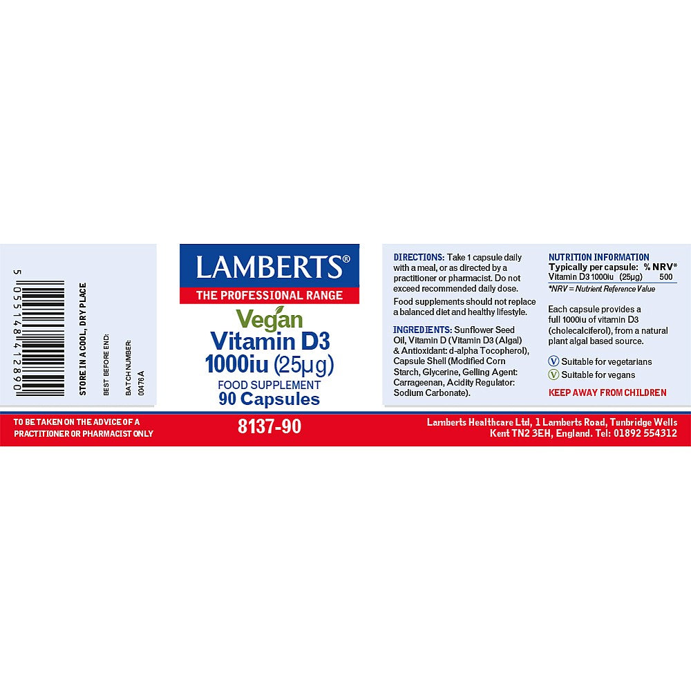 Lamberts Vegan Vitamin D3 1000iu (25µg) 90 capsules