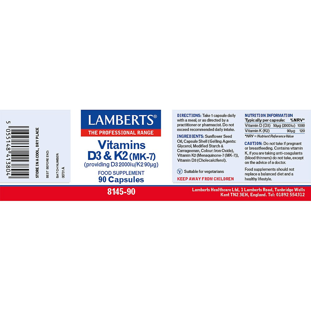 Lamberts Vitamins D3 (2000iu) and K2 (90µg) 90 capsules