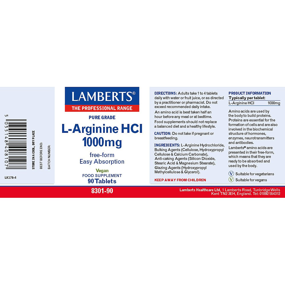 Lamberts L-Arginine HCl 1000mg 90 tablets