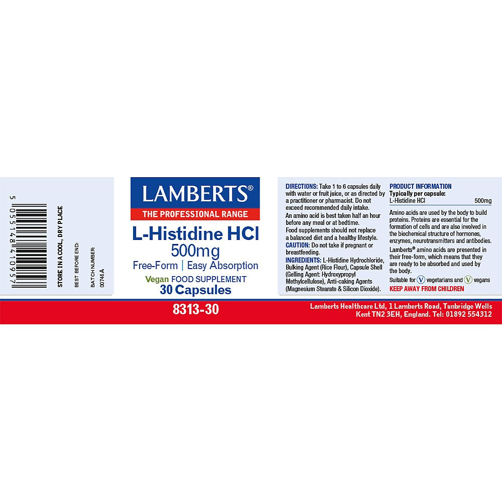 Lamberts L-Histidine HCl 500mg 30 capsules