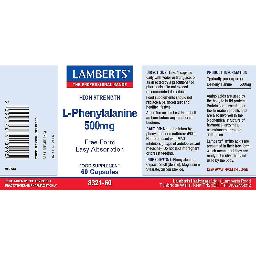 Lamberts L-Phenylalanine 500mg 60 capsules