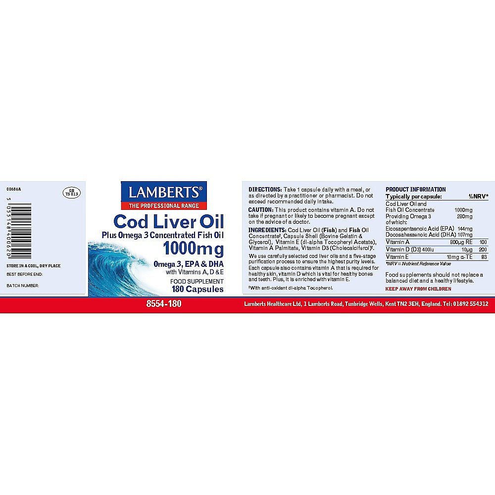 Lamberts Cod Liver Oil 1000mg 180 Capsules