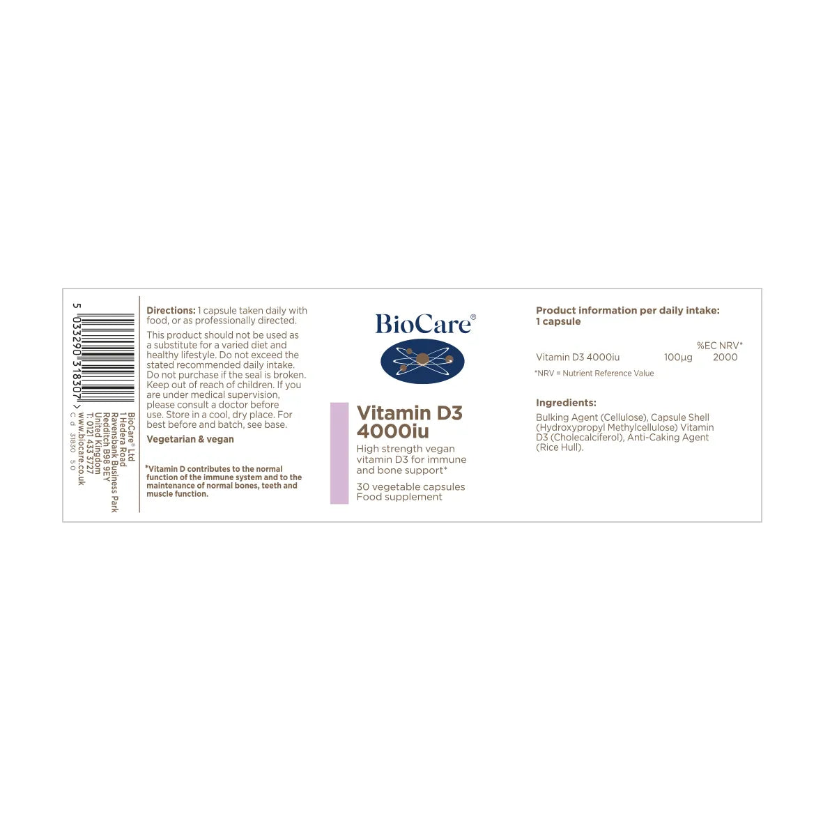 BioCare Vitamin D3 4000iu 30 Capsules image 1