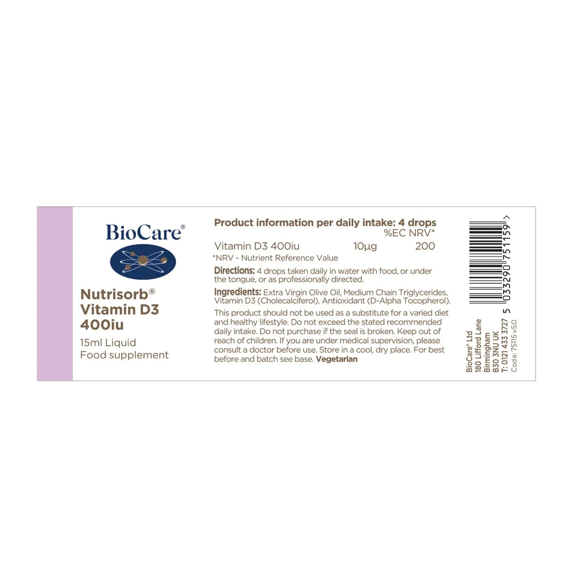 BioCare Nutrisorb® Vitamin D3 400iu 15ml image 2