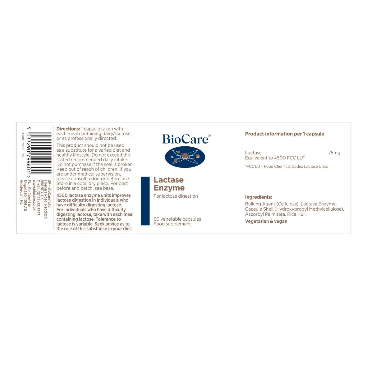 BioCare Lactase Enzyme 60 Capsules image 1