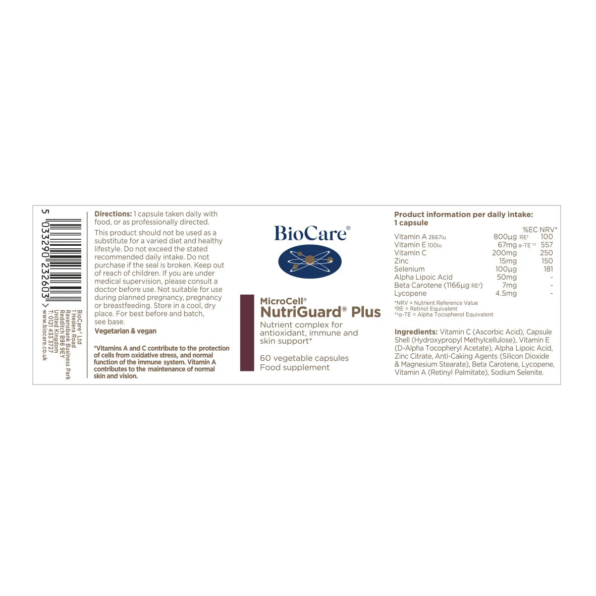 BioCare MicroCell® NutriGuard Plus (Antioxidant) 60 Capsules image 1