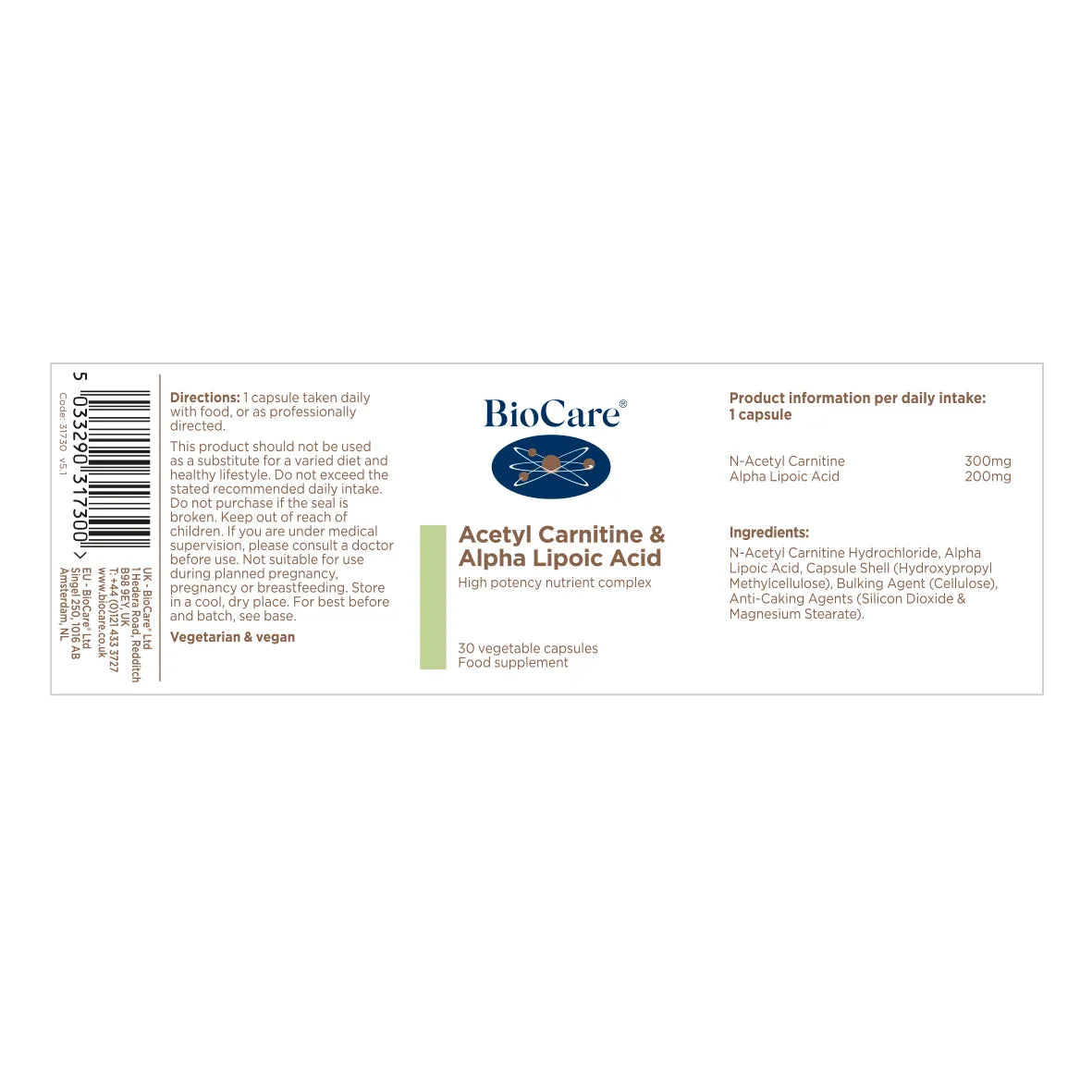 BioCare Acetyl Carnitine & Alpha Lipoic Acid 30 Capsules image 1