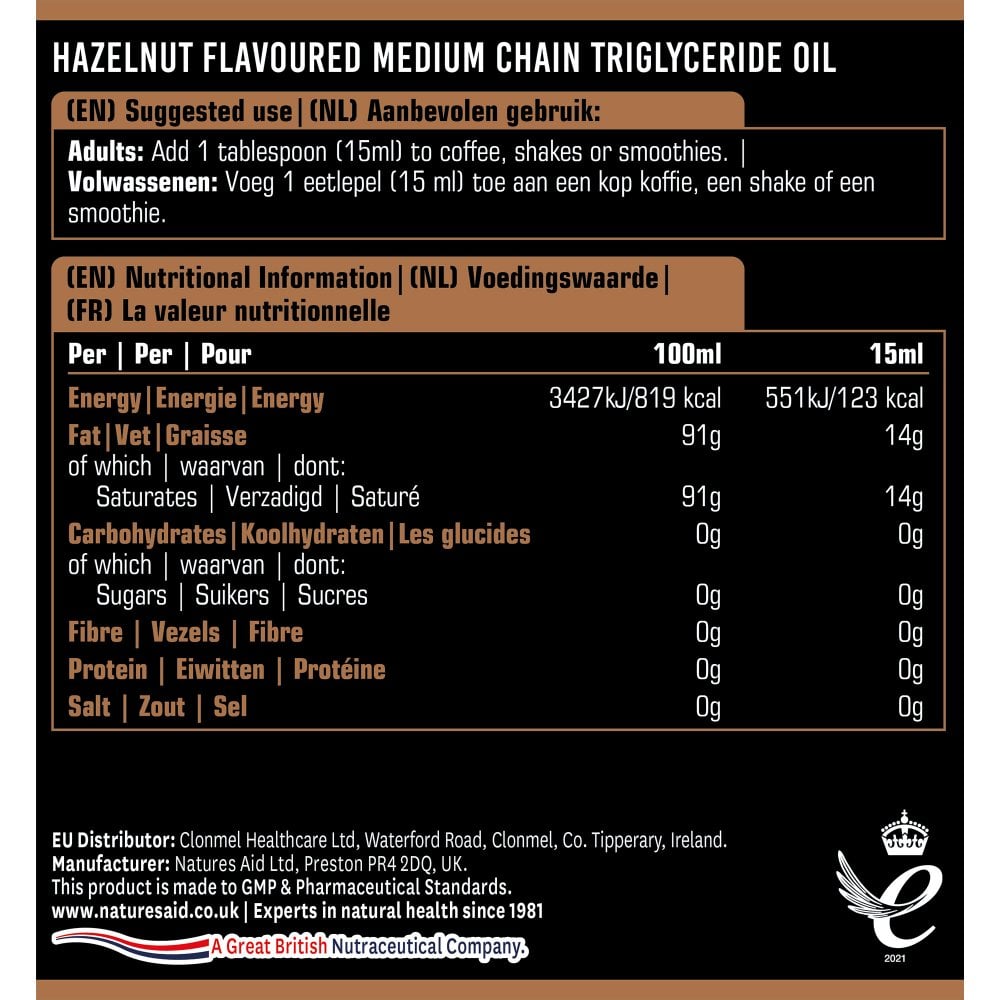 Natures Aid MCT Oil 500ml Hazelnut