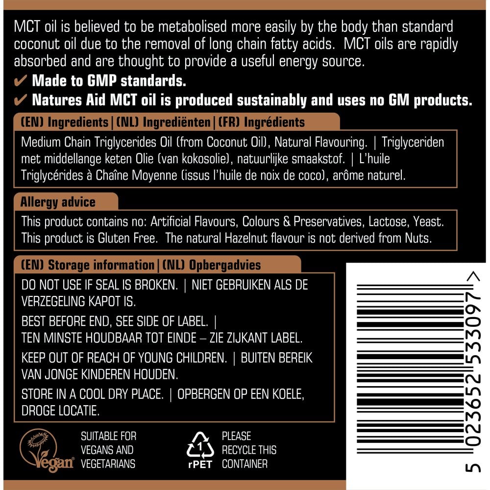 Natures Aid MCT Oil 500ml Hazelnut