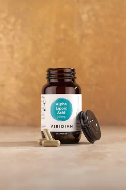 viridian alpha lipoic acid 200mg jar 30 caps kept in natural lighting